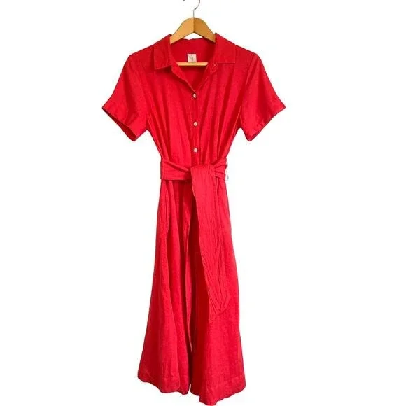 Joie | Dresses | Joie Red Linen Midi Dress Buttons Collar Belt Short Sleeve  Pockets Size S | Poshmark